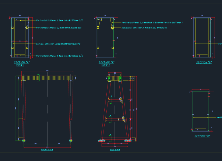 Technical CAD drawing of a double girder box crane with structural sections and stiffener details.