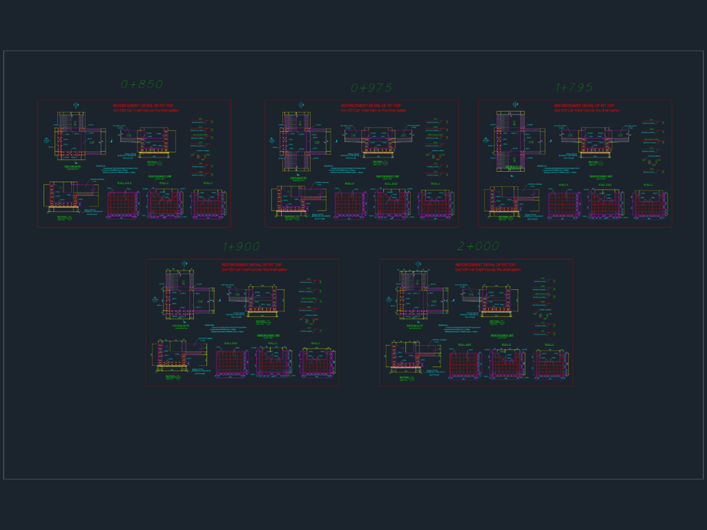 Technical CAD drawing of drainage pit reinforcement details including plan, section, and wall views with bar schedules.