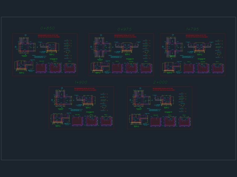 Technical CAD drawing of drainage pit reinforcement details including plan, section, and wall views with bar schedules.