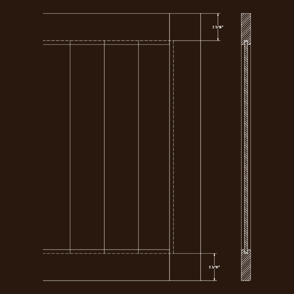Technical drawing showing cross-sections and elevation of a wood cabinet door with panel joinery details.