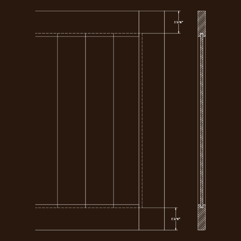 Technical drawing showing cross-sections and elevation of a wood cabinet door with panel joinery details.