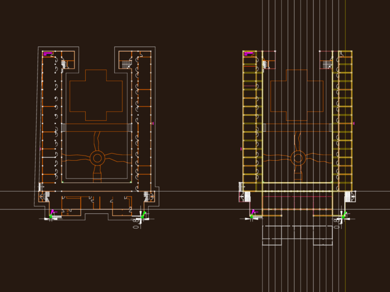 Architectural floor plan of a school building featuring classrooms, administrative offices, and a central courtyard.