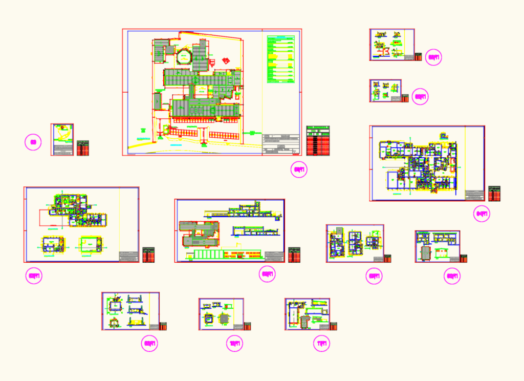 Floor plans and site layout for a TV broadcasting station including studio and transmitter room details.
