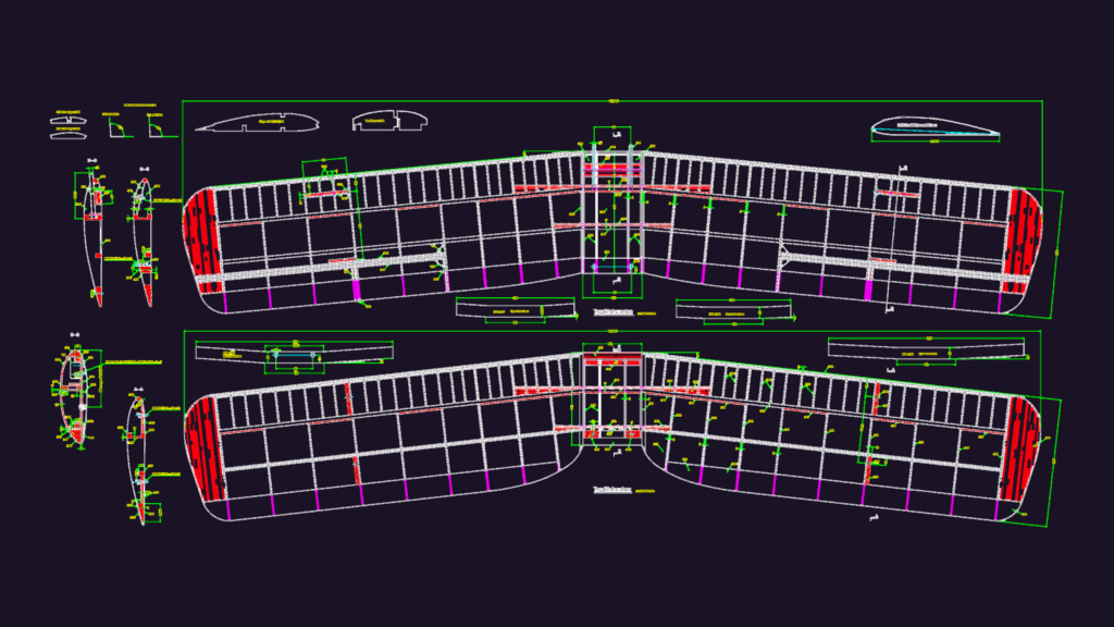 Detailed 2D CAD layouts of wing ribs, fuselage frames, and profiles for a De Havilland DH82a Tiger Moth model airplane.