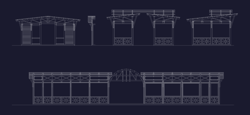 Elevations of wooden kiosks and outdoor market structures