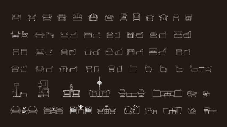 Dozens of armchair furniture blocks shown in front elevation, side elevation, and top plan views.