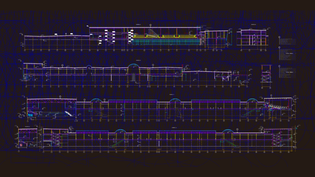 Detailed architectural longitudinal and cross sections of a large shopping mall building with roof specs.