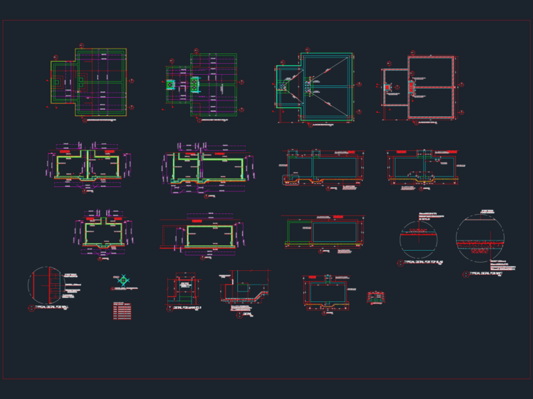 Technical CAD layout showing reinforcement details for a 225m3 concrete firefighting water tank foundation and slab.