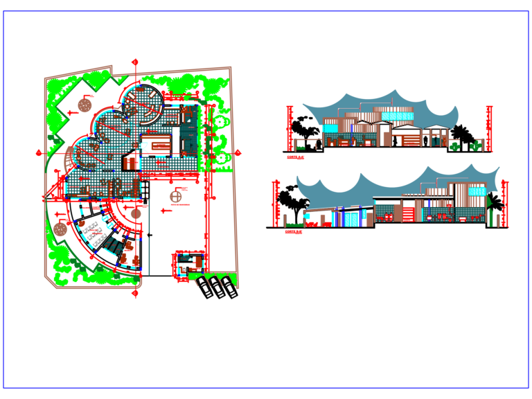 Architectural floor plan and two sections of a dairy processing factory with production and administrative zones.