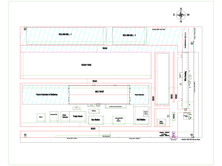 Site plan for a 20-acre industrial facility showing melt shop, rolling mills, and roads.