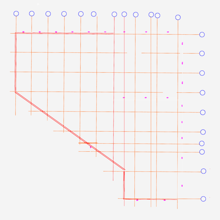 CAD grid layout and building footprint for a retail store project.