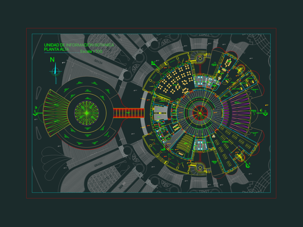 Upper floor plan of a circular botanical information building showing nurseries and exhibition halls.