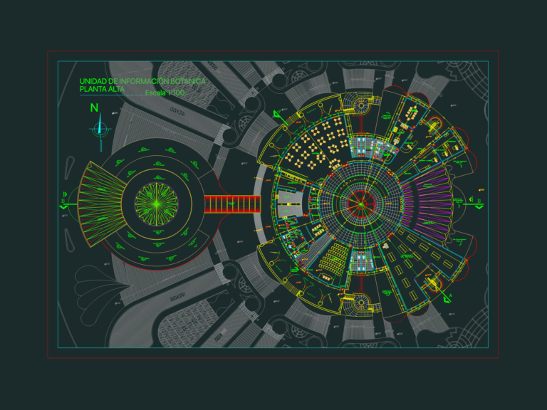 Upper floor plan of a circular botanical information building showing nurseries and exhibition halls.