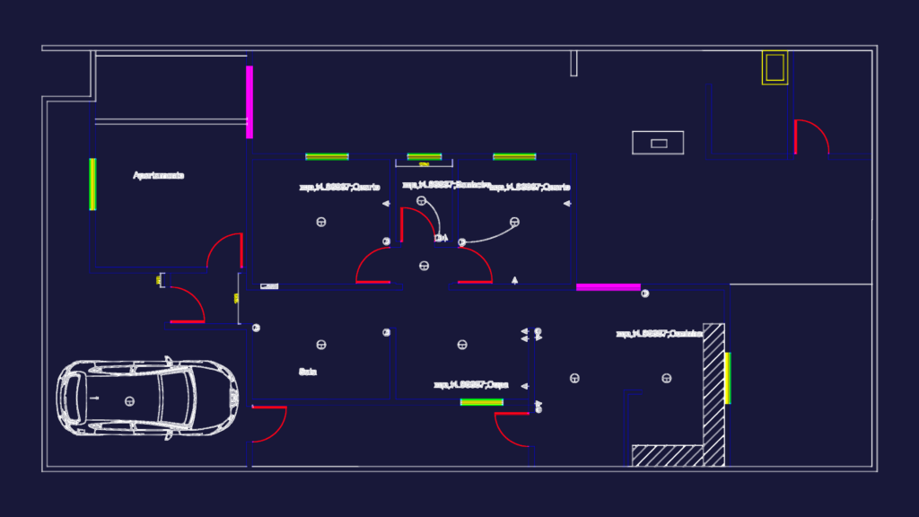 Two-bedroom apartment floor plan with kitchen, living room, and garage containing a car block.