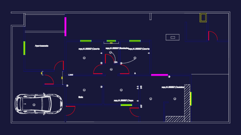 Two-bedroom apartment floor plan with kitchen, living room, and garage containing a car block.