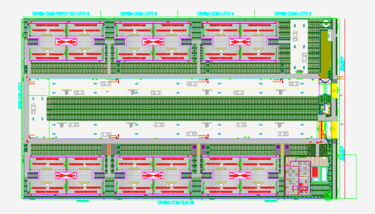 CAD site plan showing multi-block residential layout with parking and accessibility ramps.