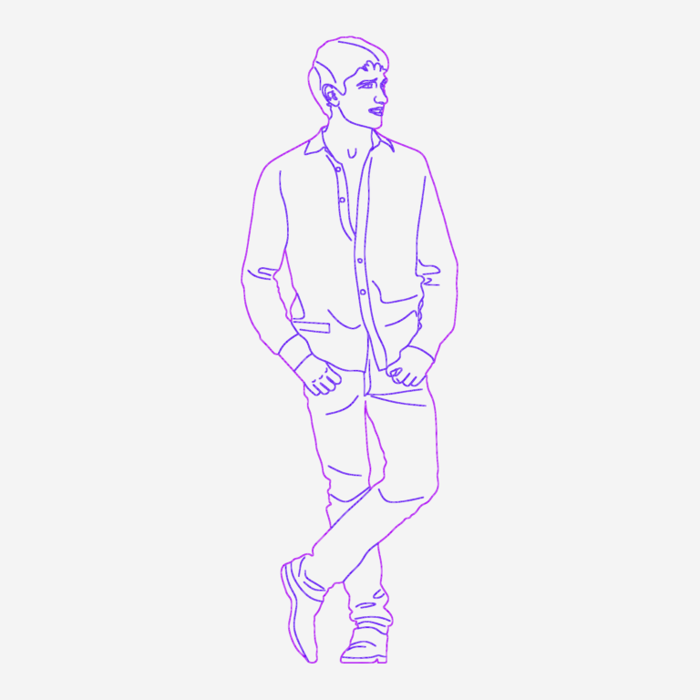 Outline drawing of a man standing with legs crossed and hands in pockets.