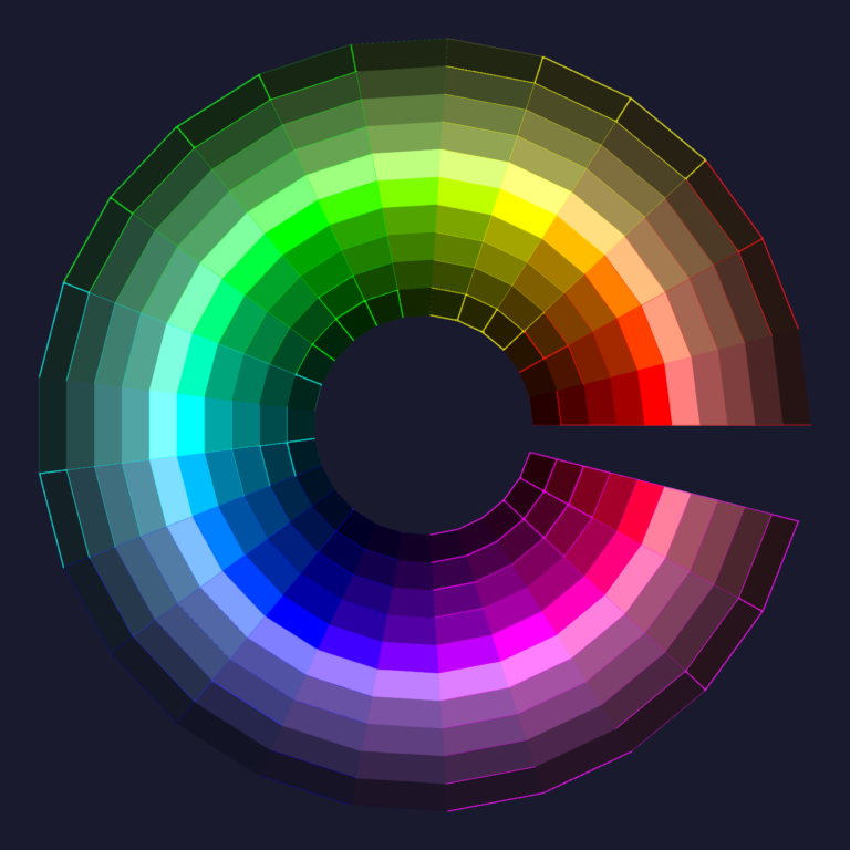 Circular CAD color wheel showing the full spectrum of indexed colors and shades.