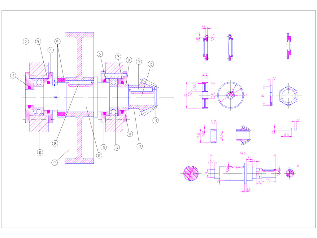 Technical drawing of a drive shaft assembly with sectional views and component dimensions.