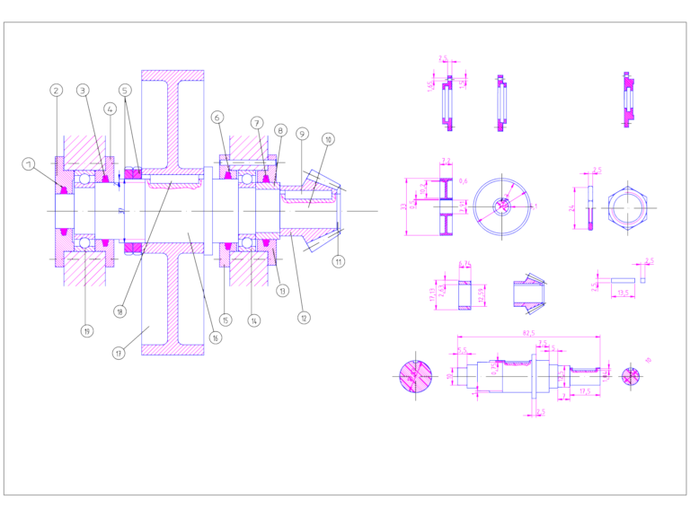Technical drawing of a drive shaft assembly with sectional views and component dimensions.