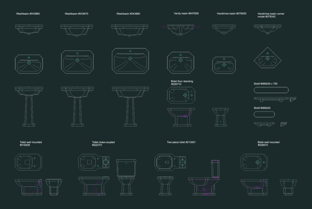 Plan and elevation CAD views of Duravit 1930 Series bathroom fixtures including toilets, sinks, and bidets.