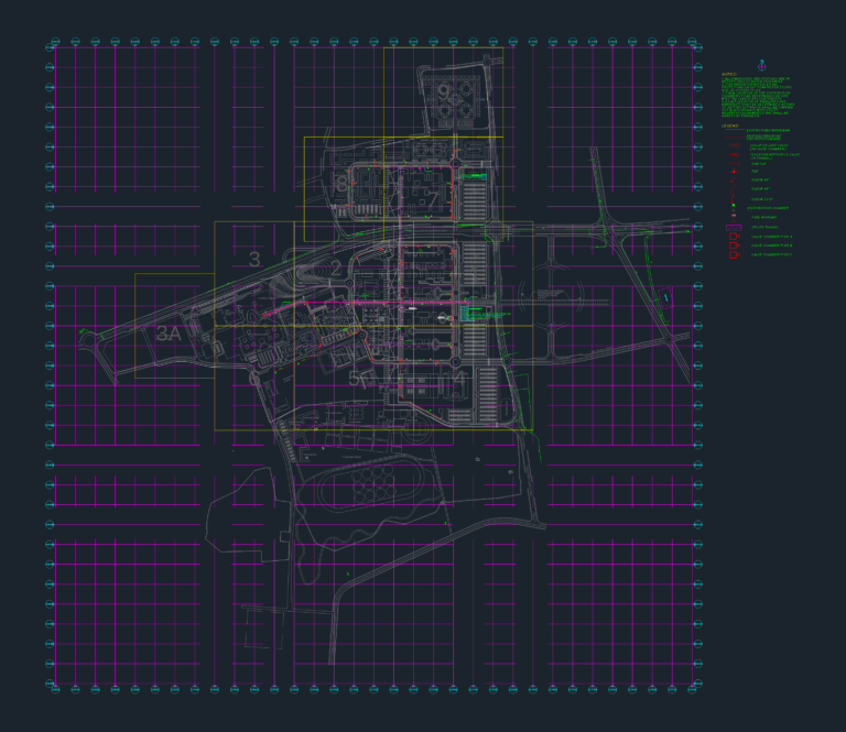 CAD layout of an educational city infrastructure showing irrigation and fire protection networks.