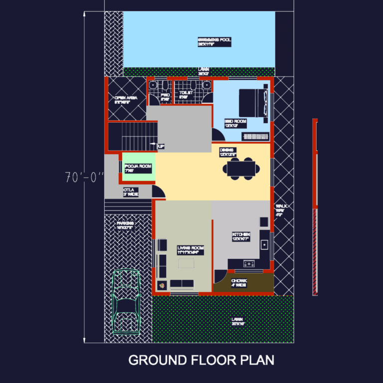 Ground and first floor architectural plans for a 40'x70' residential house featuring a swimming pool and lawn.