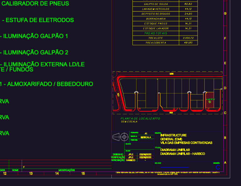 Electrical single-line diagram and site layout for an industrial construction site.