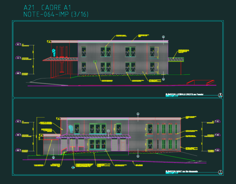 Architectural elevation of a daycare building with brick and wood siding callouts in French.