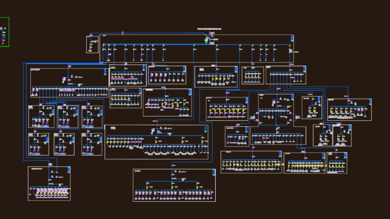 Technical unifilar diagram for a low voltage main distribution board (QGBT) showing breakers and circuits.