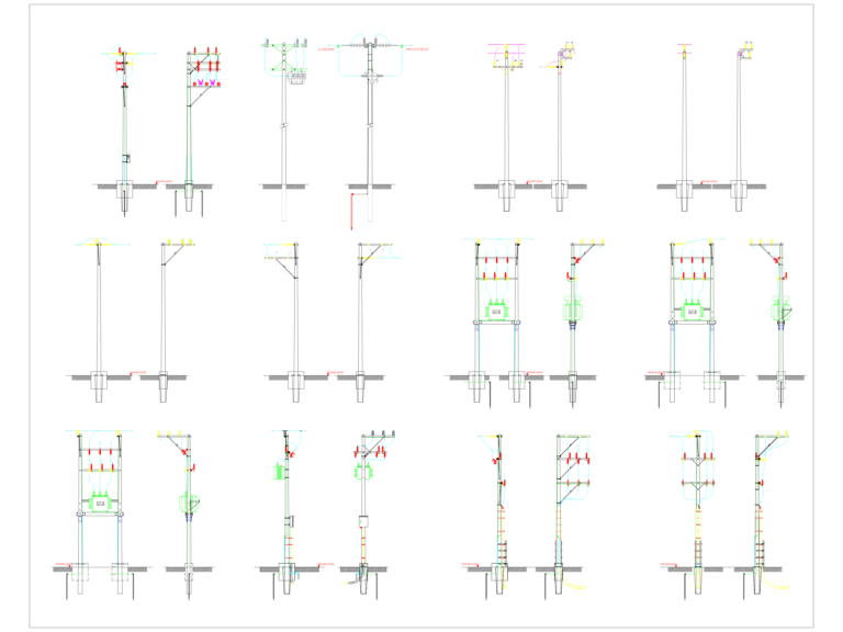 Elevation drawings of various electrical utility poles and transformer mounting structures.