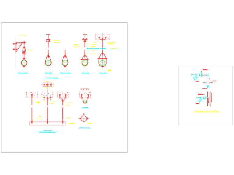 Technical CAD drawing of a fire system landing valve and various industrial pipe hanger support details.