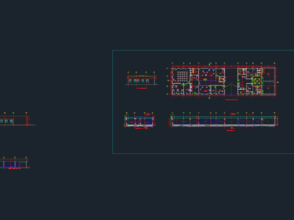 Architectural CAD layout of a hospital laboratory showing floor plans, diagnostic rooms, and detailed door schedules.