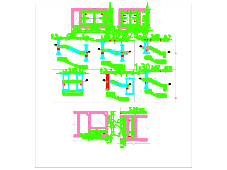 Structural CAD drawing of reinforced concrete staircase sections and plans with rebar callouts and beam sizes.