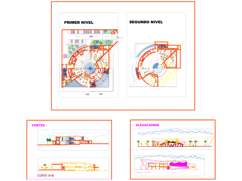 Nightclub architectural project with plans and sections
