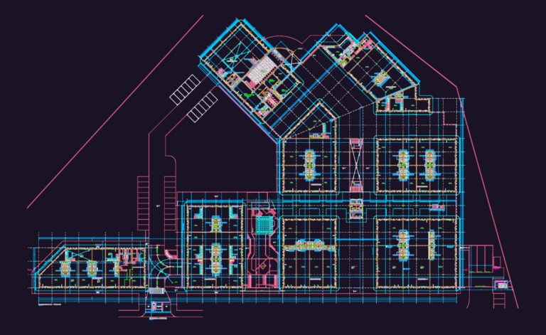 Ground floor architectural layout of a large commercial center with multiple business blocks and an auditorium.