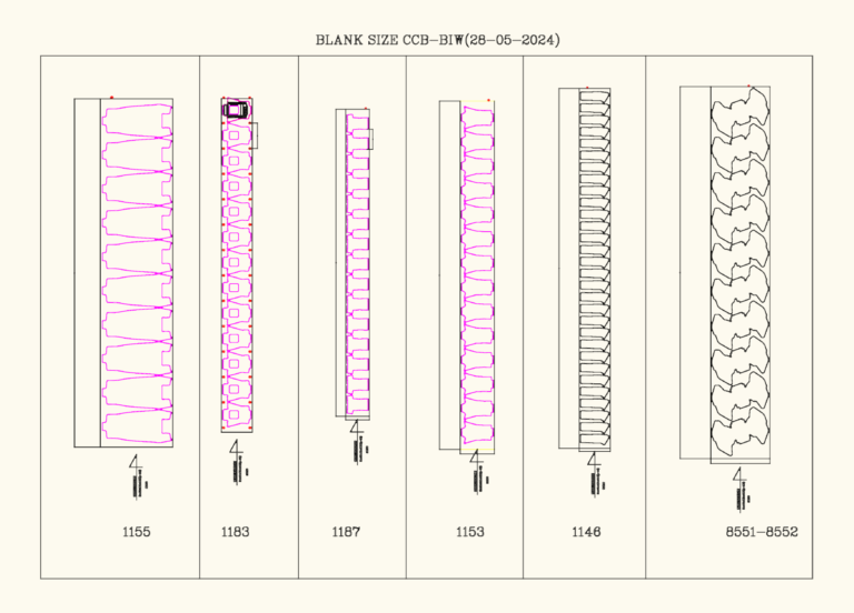 CAD nesting layouts for automotive blank sizes showing sheet direction, quantities, and dimensions.