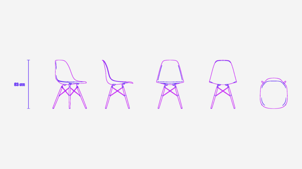 Eames Plastic Side Chair DSW CAD drawing showing front, side, rear, and plan views with height dimensions.
