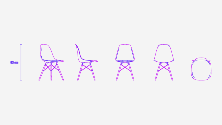 Eames Plastic Side Chair DSW CAD drawing showing front, side, rear, and plan views with height dimensions.