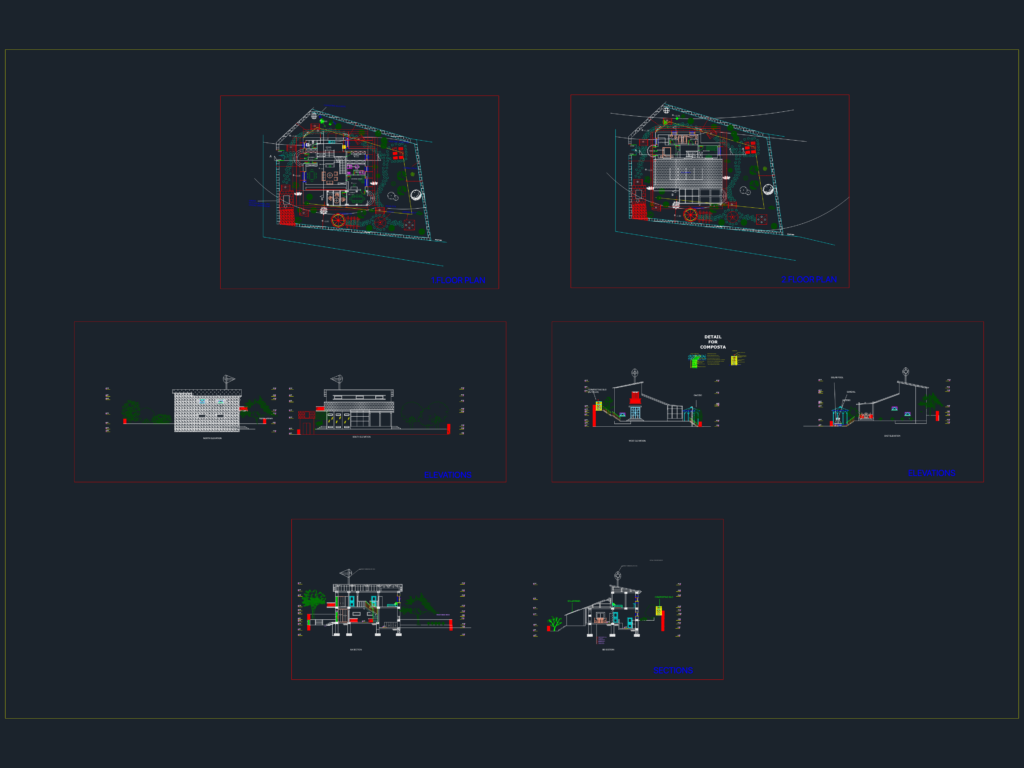 CAD floor plans and elevations for a two-story ecological house with solar panels and sustainable landscaping.