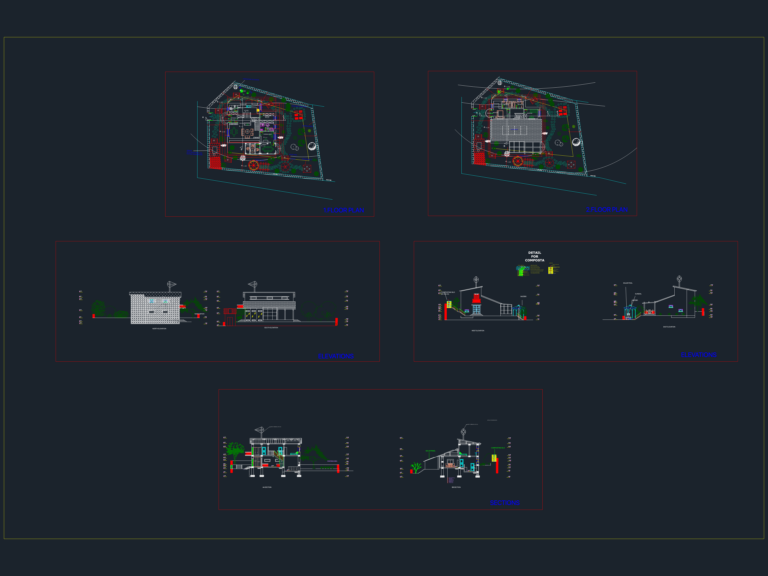 CAD floor plans and elevations for a two-story ecological house with solar panels and sustainable landscaping.