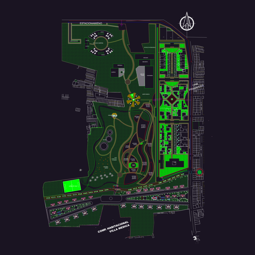 Urban development master plan for an ecopark with residential lots, green zones, and recreational buildings.