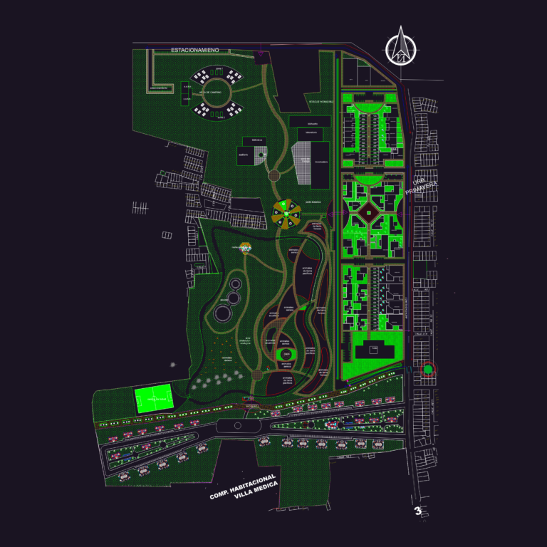 Urban development master plan for an ecopark with residential lots, green zones, and recreational buildings.