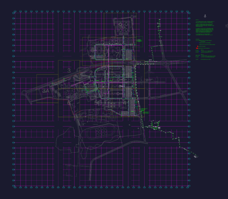 Master plan showing storm water drainage network, piping layouts, and retention ponds for a large city project.