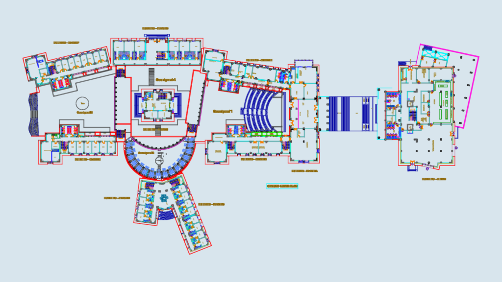 Architectural ground floor plan for a large educational campus featuring multiple blocks, courtyards, and a dining hall.