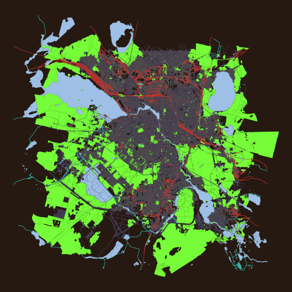Detailed city map of Ekaterinburg featuring building footprints, roads, railways, and green spaces.