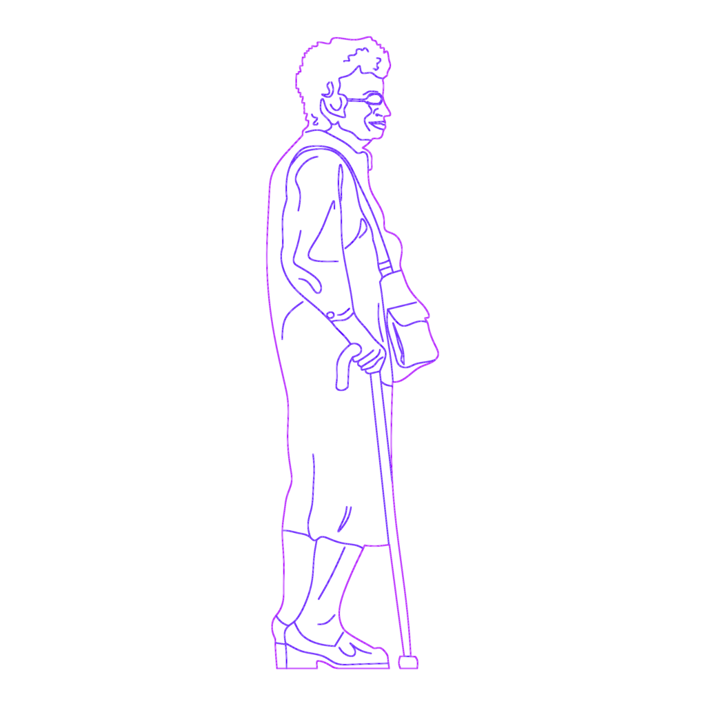 Side view CAD block of an elderly woman with a walking cane.