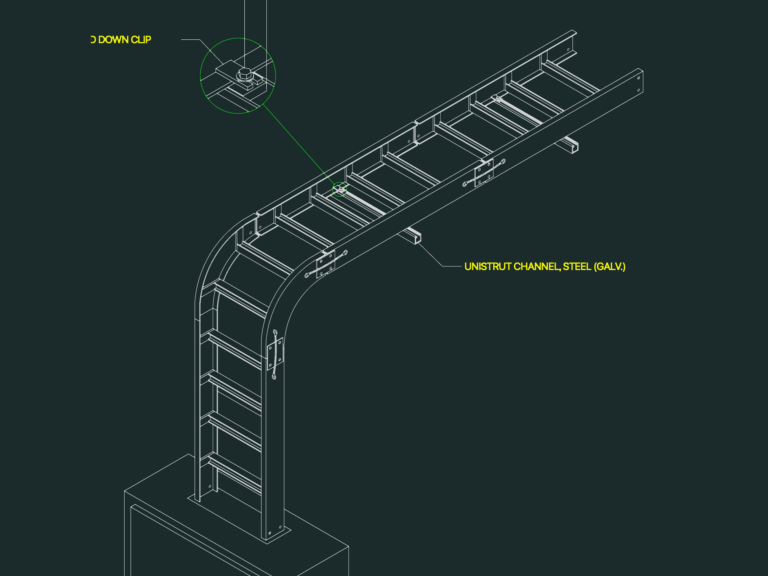 Isometric CAD drawing of a galvanized steel cable ladder connected to a junction box with Unistrut channel supports.
