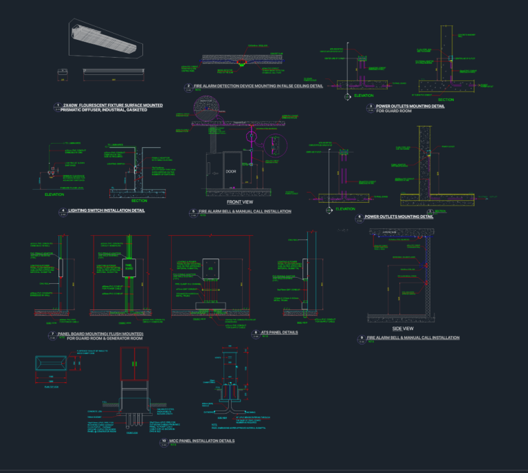 Electrical installation details showing MCC panel mounting, fire alarm devices, and grounding pit sections.