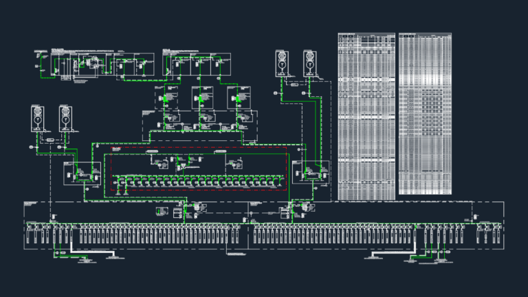 Detailed electrical single line diagram showing medium voltage entrance, transformers, and distribution panels.